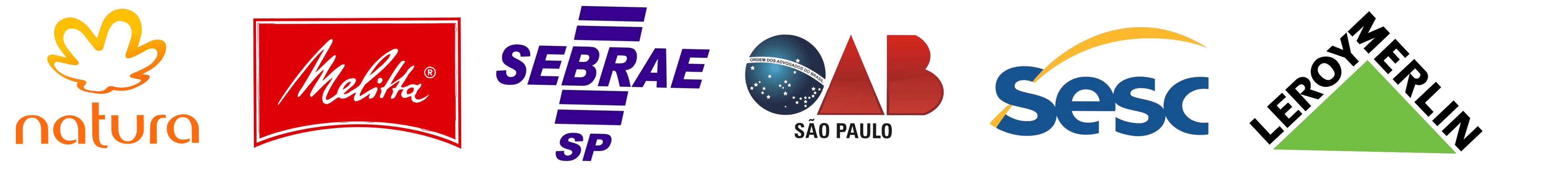 Logos de Natura, Melitta, Sebrae SP, OAB São Paulo, Sesc e Leroy Merlin.